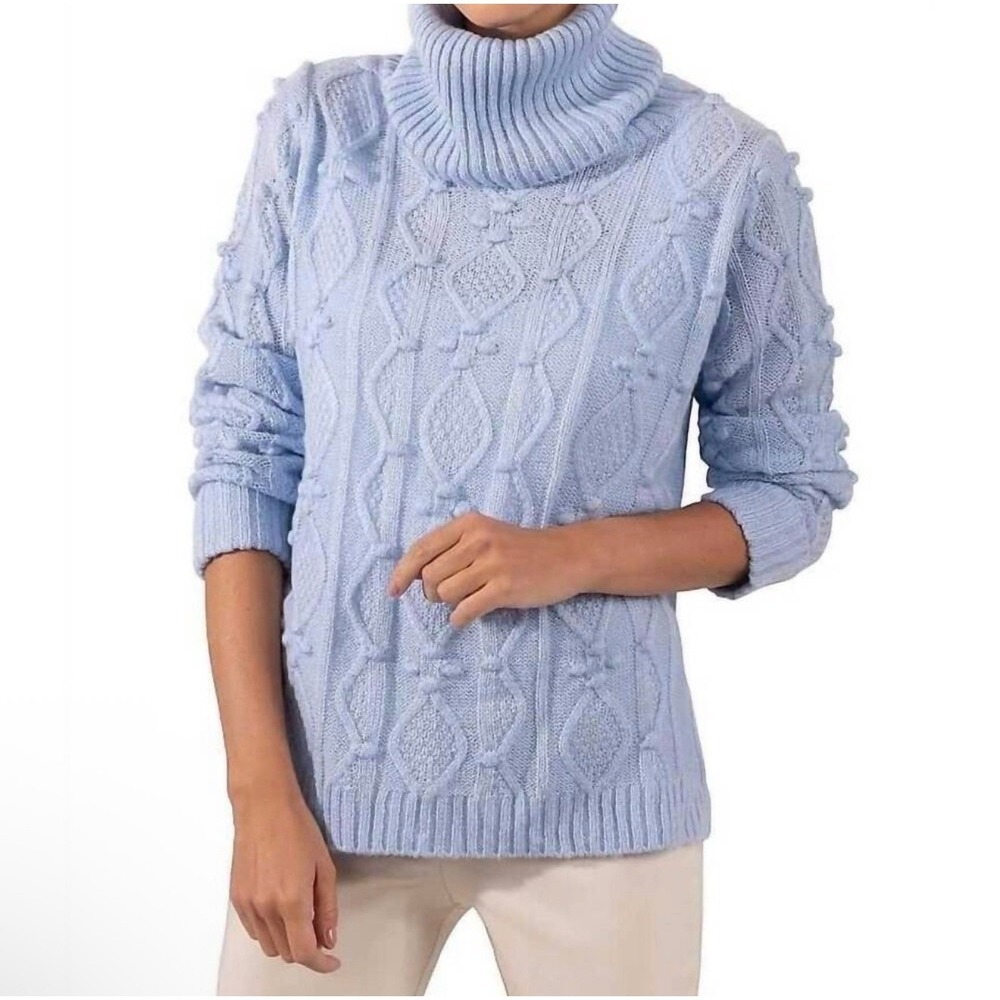 Gretchen Scott Turtleneck Sweater Women Medium Blue Good Cable Knit Pom‎ Pom